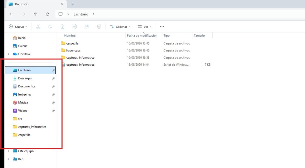 Panel de Acceso rápido en el Explorador de Windows 11 con carpetas fijadas