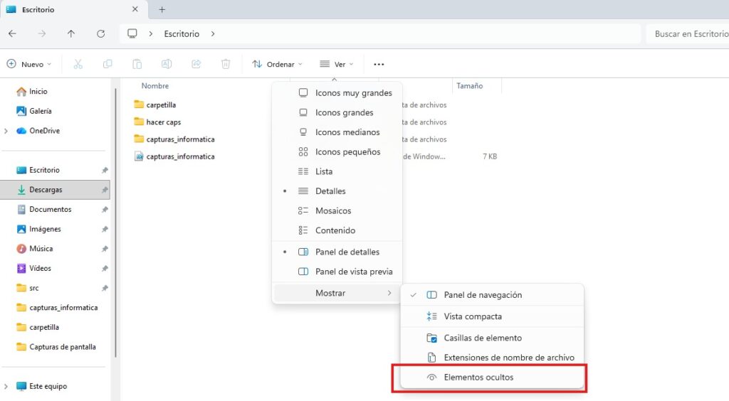 Menú Ver del Explorador de Windows con la opción Elementos ocultos resaltada en rojo
