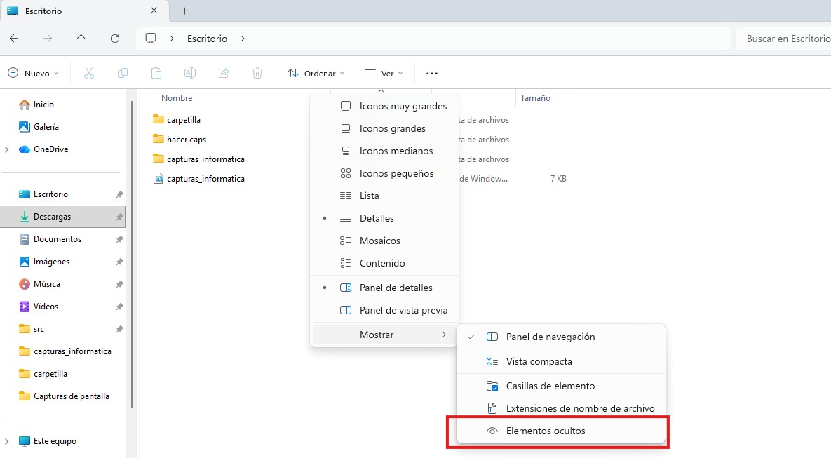 Menú Ver del Explorador de Windows con la opción Elementos ocultos resaltada en rojo