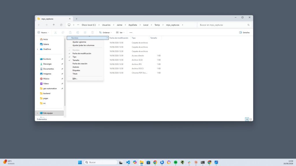 Menú contextual del Explorador de Windows con opciones de cortar, copiar y pegar archivos