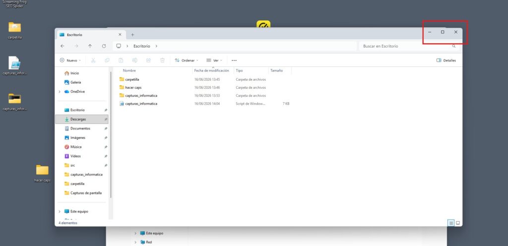 Ventana del Explorador de Windows con barra de título y botones minimizar maximizar cerrar señalados